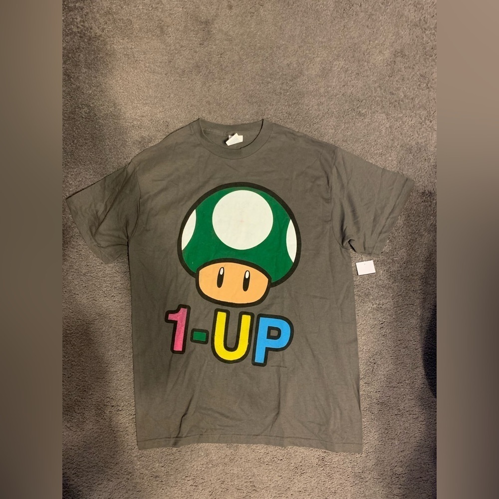 1-Up Tee Shirt. Mushroom Gamers.  Nintendo Super Mario Gray. Sz L Deadstock NWT